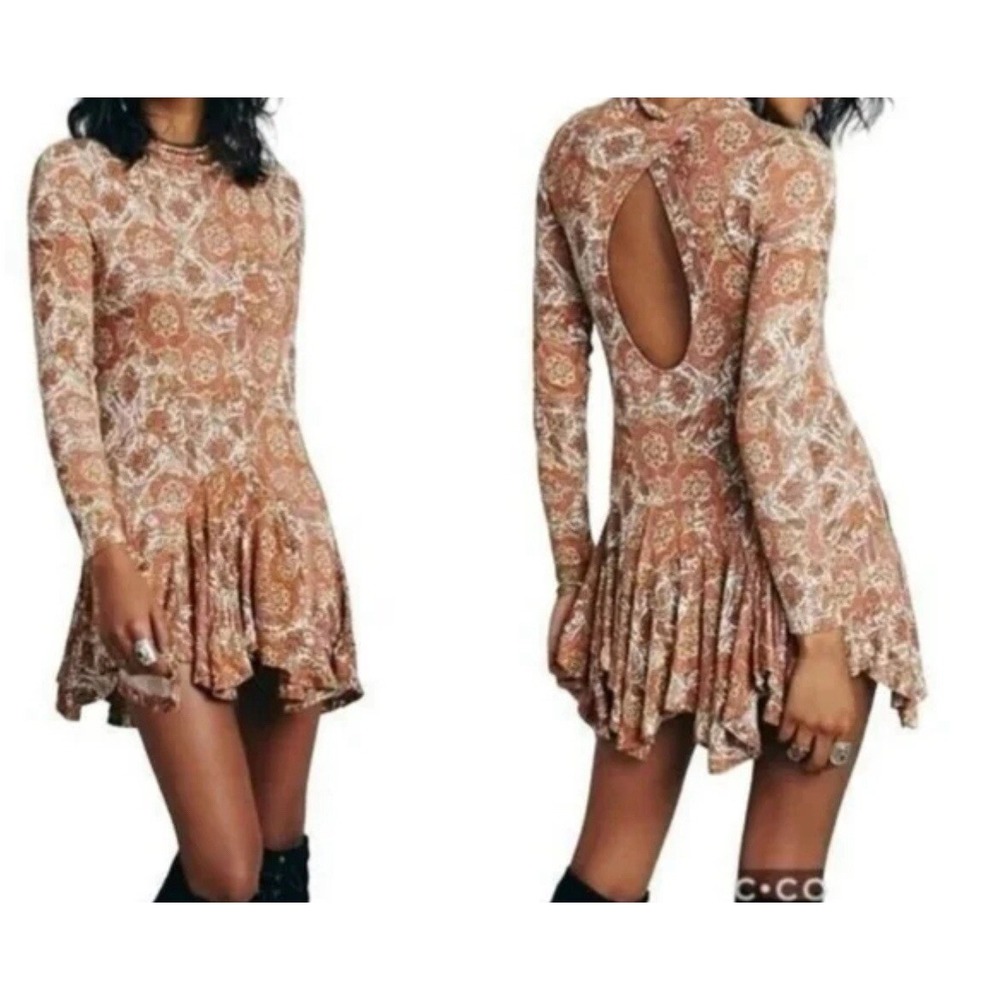 Free People Annabelle Mock Neck Long Sleeve Tunic Mini Dress Boho Open Back S